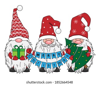 Christmas card. Three gnomes with gift, Christmas tree and flags