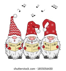 christmas card. Three gnomes singing. Isolated vector