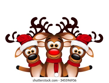 Christmas Card with three happy reindeer 