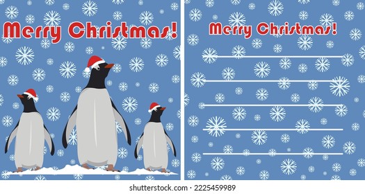 Christmas card with three penguins in Santa hats, on a snowy background,
would be a great addition to a Christmas present. On the back of the card, you can write your sincere and warm wishes.