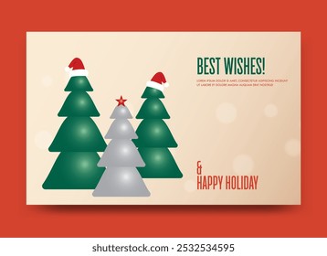 A Christmas card with three trees and a star on top. The card says "Best Wishes" and "Happy Holidays"