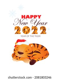 Christmas card with a tiger cub on a white background. A cute tiger cub is sleeping in a New Year's hat. Christmas poster, banner, cover, brochure, flyer, layout design. Year of the tiger, Chinese new