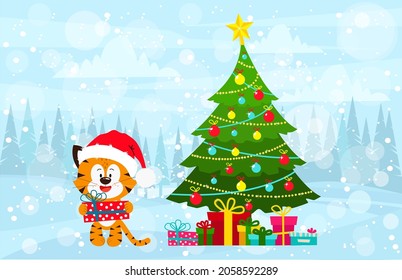 Christmas card with a tiger and a decorated tree. Greeting card template "Year of the Tiger" 2022. Happy New Year.