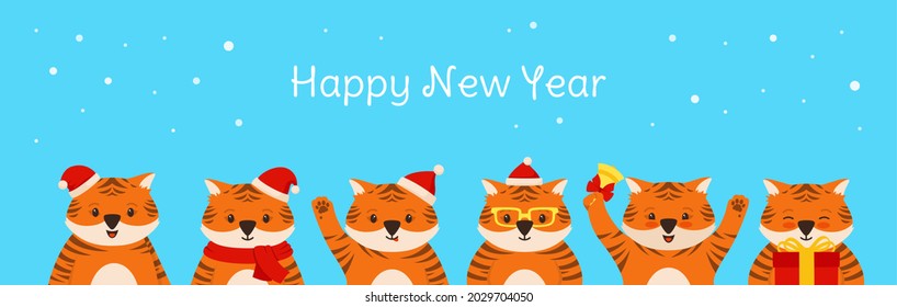 Christmas card with Tiger mascot new year. Animal tigers in Santa hat cartoon flat postcard. Banner comic cute stripe big cat, clipart symbol Happy New year vector