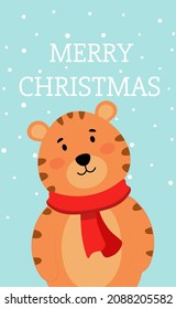 Christmas card of tiger with scarf. Hand drawn cute vector illustration. Christmas greeting card. Tiger and snow.