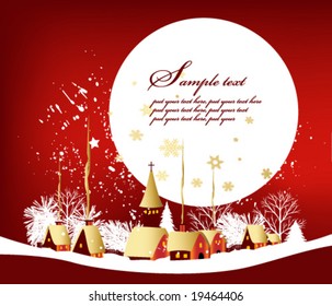 Christmas card with town, snow and moon, vector illustration