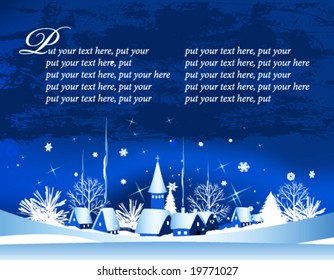 Christmas card with town, snow and moon, vector illustration