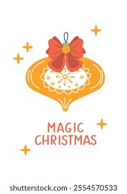 Christmas card with toy and bow and hand written text. Merry christmas,  Vector card design template