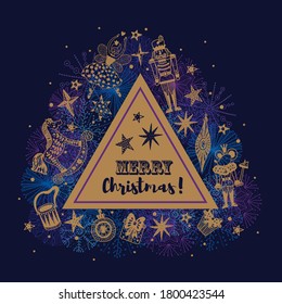 Christmas card with toys from the ballet Nutcracker. Christmas illustration in gold  colors.