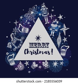 Christmas card with toys from the ballet Nutcracker. Christmas illustration in gold and silver colors.