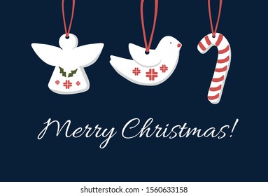 Christmas card with toys. Insciption of Merry Christmas. Holiday, angel, saint, gift, card. Vector illustration 