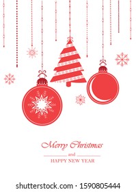 Christmas card Christmas toys with snowflakes on white background in flat style. Christmas decorative red hanging balls. Vector illustration