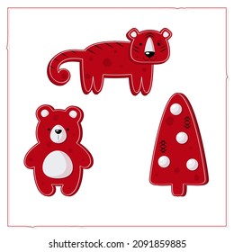 Christmas card with Christmas toys Christmas tree, bear, tiger. Red and white flat vector illustration isolated on white background.