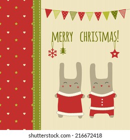Christmas card. Traditional colors. Two sweet bunnies in santa's clothes, and christmas decorations