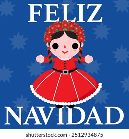 Christmas card with a traditional mexican rag doll with poinsettias in the hair. Text says Happy Christmas.