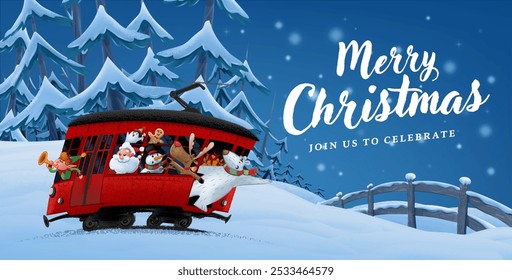 christmas card with tram and characters christmas santa claus bear elf penguin snowman reindeer gingerbread