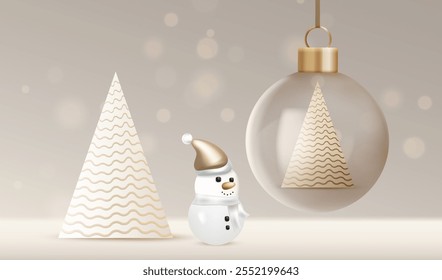 Christmas card with transparent glass balls and geometric cream brown trees. Xmas banner with snowman in gold santa hat vector. Happy New Year concept.