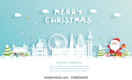 Christmas card with travel to London, England concept. Cute Santa and gift boxes. World famous landmark in paper cut style vector illustration.