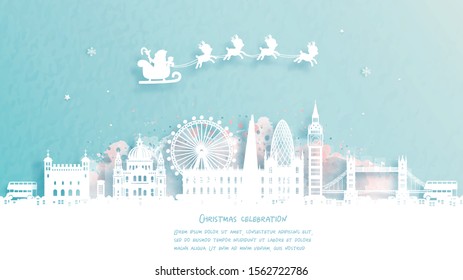 Christmas card with travel to London, England concept. Cute Santa and reindeer. World famous landmark in paper cut style vector illustration.