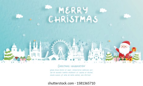 Christmas card with travel to Moscow, Russia concept. Cute Santa and gift boxes. World famous landmark in paper cut style vector illustration.