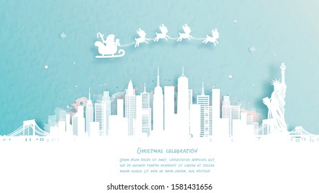 Christmas card with travel to New York City, America  concept. Cute Santa and reindeer. World famous landmark in paper cut style vector illustration.