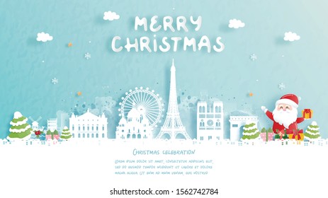 Christmas card with travel to Paris, France concept. Cute Santa and gift boxes. World famous landmark in paper cut style vector illustration.