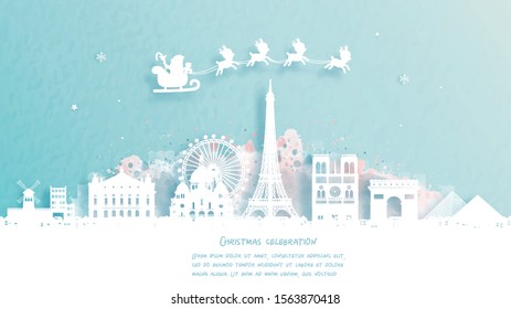 Christmas card with travel to Paris, France concept. Cute Santa and reindeer. World famous landmark in paper cut style vector illustration.