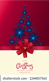 Christmas card, Christmas tree 3D snowflakes with bow, vector