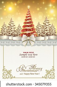 Christmas card with a Christmas tree in the background of nature