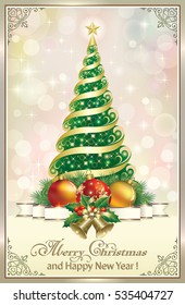 Christmas card with Christmas tree, ball and bells in a frame with an ornament