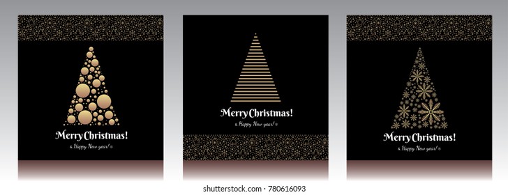 Christmas card tree and ball. Greeting icon golden set