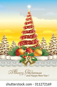 Christmas card with Christmas tree, balls and bells.
