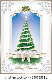 Christmas card with Christmas tree, balls and bells in a frame with an ornament