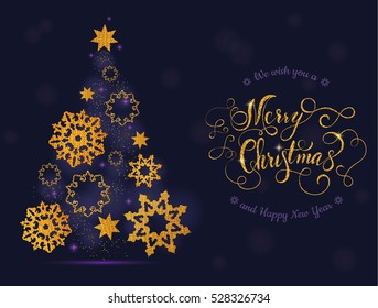 Christmas card tree and balls with lettering. Vector illustration EPS 10.