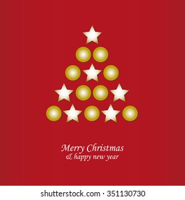 Christmas card with tree and balls on red background