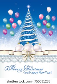 Christmas card with a Christmas tree, balls and ribbon with a bow on the background of ornaments and balloons. Vector illustration