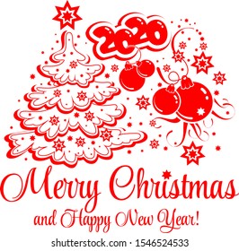 Christmas card with Christmas tree, balls, stars and congratulations in red with calligraphic font. Illustration, vector