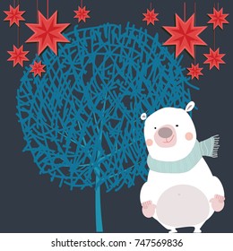 Christmas card with tree and bear. Pastel vector illustration.