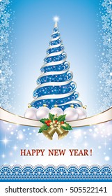 Christmas card with Christmas tree, bells and ball on a blue background with ornament