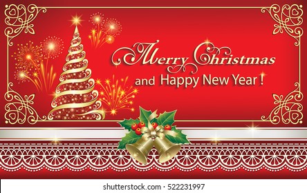 Christmas card with a Christmas tree and bells in a frame with an ornament on a red background