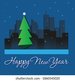 Christmas card. Christmas tree in a big city. Design for sticker, print, banner, social media. Vector