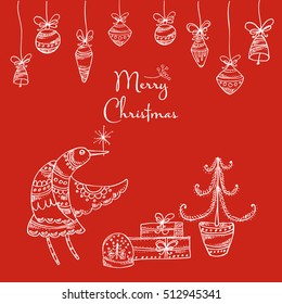 Christmas card with Christmas tree, bird and present. Hand drawn 