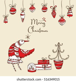 Christmas card with Christmas tree, bird and present. Hand drawn 