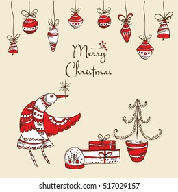 Christmas card with Christmas tree, bird and present. Hand drawn 