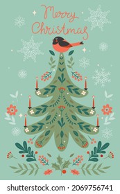 Christmas card with a tree and a bird. Vector graphics.