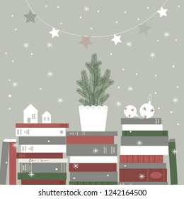 Christmas card with Christmas Tree, books, lights and snowflakes