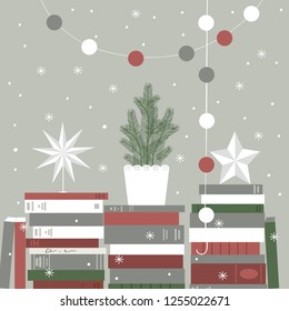 Christmas card with Christmas Tree, books, lights and snowflakes