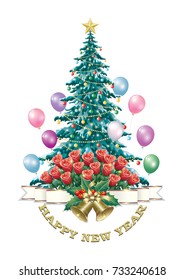 Christmas card with a Christmas tree and a bouquet of roses with bells on the background of balloons. Vector illustration