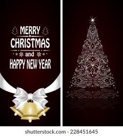 Christmas card with a Christmas tree with a bow, a ribbon and a Christmas bell. vector