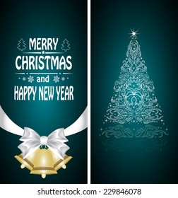 Christmas card with a Christmas tree with a bow, a ribbon and a Christmas bell. vector